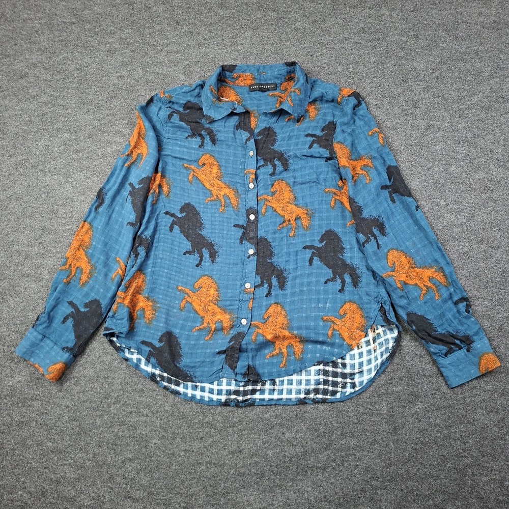 Jane + Delancey button up horse print Top collared button cuffs sz L Equestrian